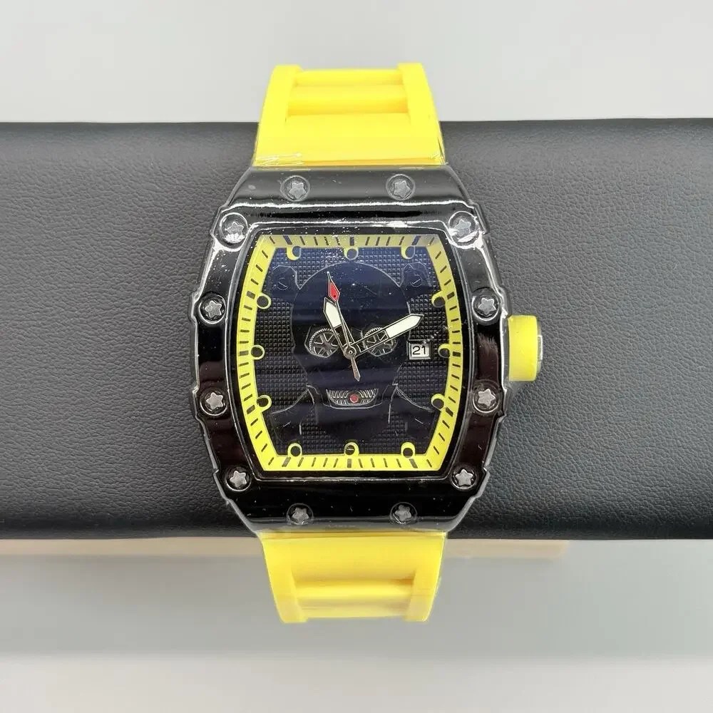 Mens Black Tonneau Watch Yellow Silicone Strap Quartz Sport Fashion Yellow Accen